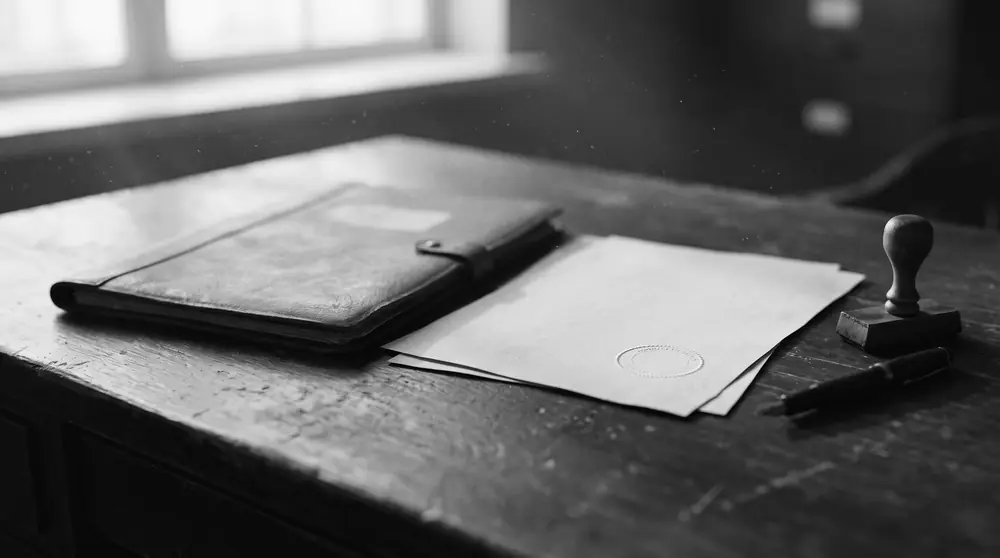 Carpeta y documentos con sello oficial sobre un escritorio