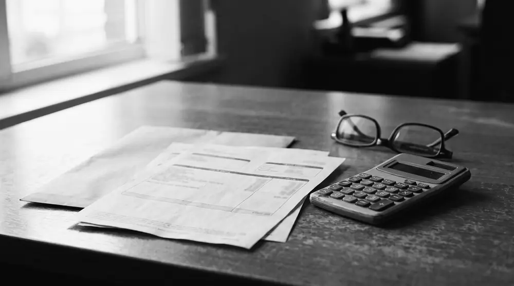Nóminas, un sobre, una calculadora y unas gafas sobre una mesa